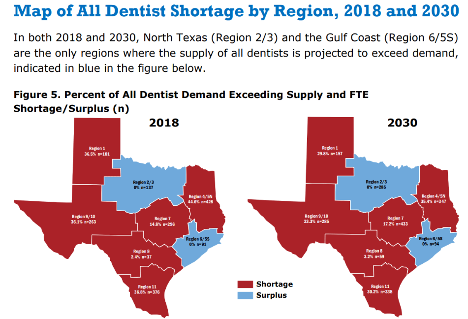 Dental shortage projection map- DSHS